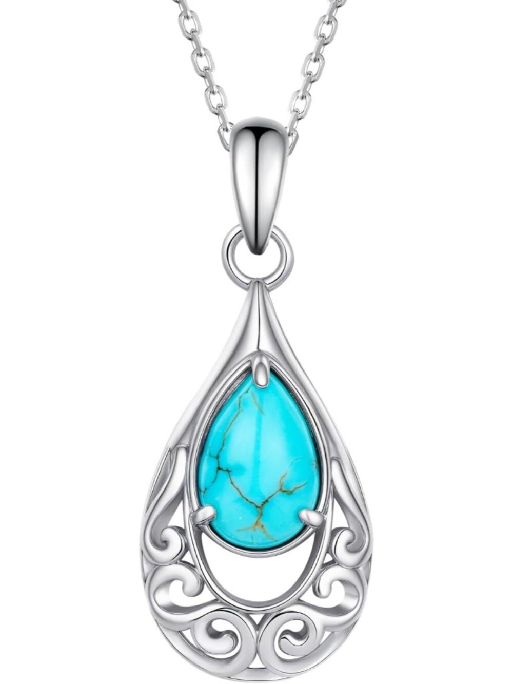 925 Sterling Silver Teardrop Genuine Real Turquoise Necklace for Women Hypoaller